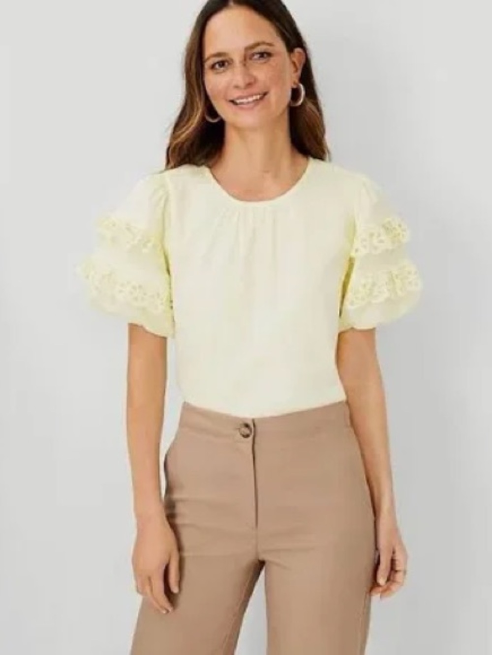 ⭐️ Ann Taylor Eyelet Ruffle Sleeve Short Sleeve Top Blouse in pastel yellow ⭐️